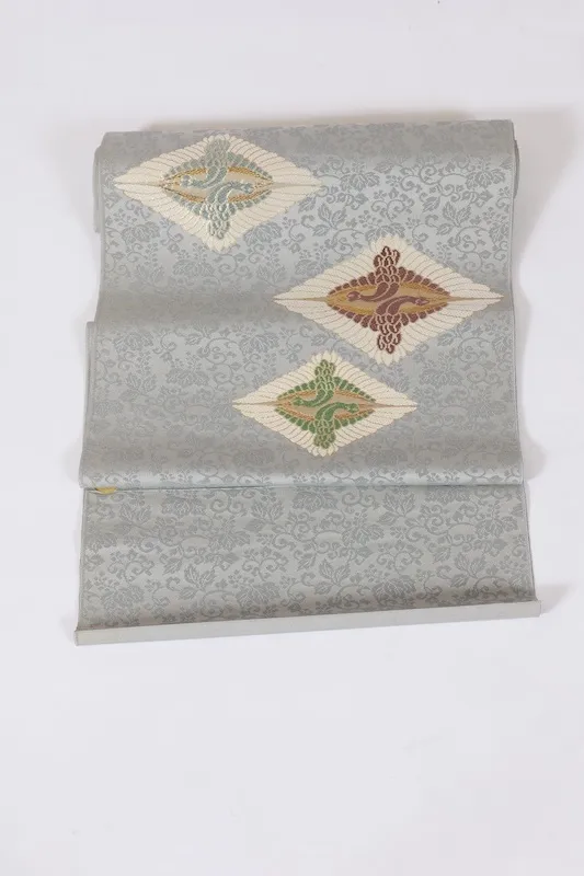 Nagoya obi (sash), brand new, unstitched, gray, green, blue, purple, gold, white, facing cranes, Tang weave, J23