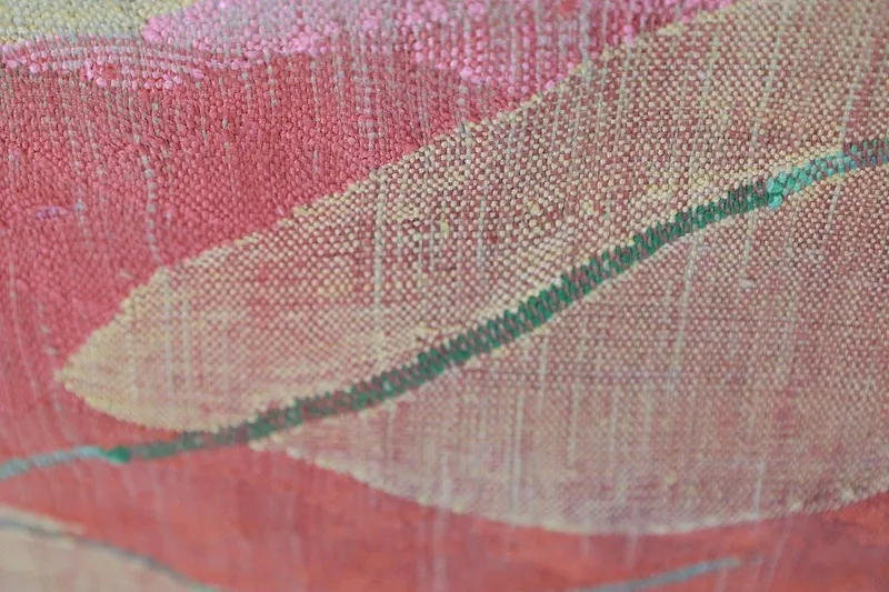 Nagoya obi used(sash), Tsumugi silk, mustard yellow, green, red, handwoven, geometric pattern, L4