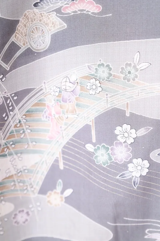 Oshima Tsumugi formal kimono used (houmongi) - shades of gray, black, purple, white, brown, green - Edo period landscape and floral pattern - L111
