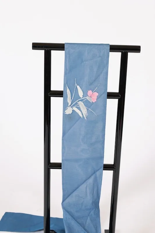 Summer Nagoya obi used (sash), sheer fabric, blue, gray, silver, coral, floral pattern, L19