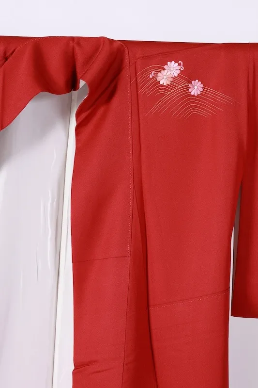 Japan used Kimono – Red, Gold, Cherry Blossom Pink, Wine – Cranes, Waves, Cart – Embroidery – Kyo-Yuzen – B1048