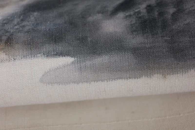 Fukuro Obi(used sash),  silk; off-white, pale purple, blue, sumi-ink black, gold, and green; hand-painted landscape design (B998)