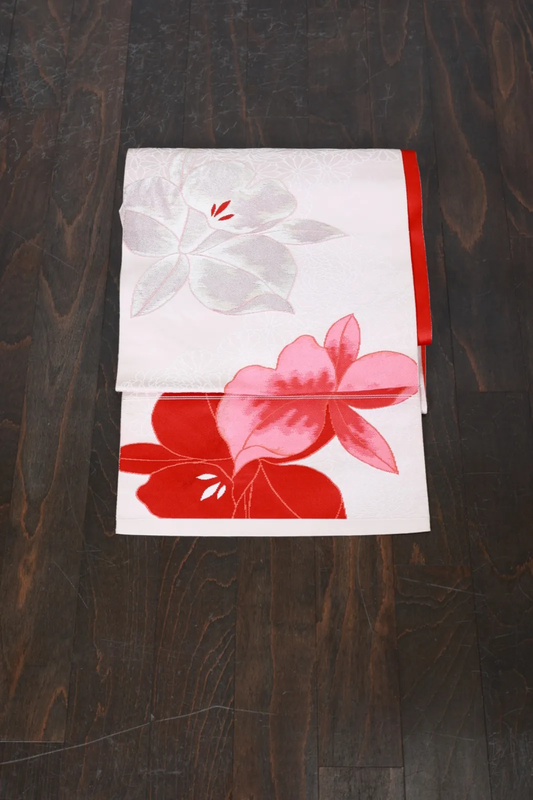Nagoya Obi(used sash) – Off-white, Red, Silver – Orchids, Chrysanthemums – R116