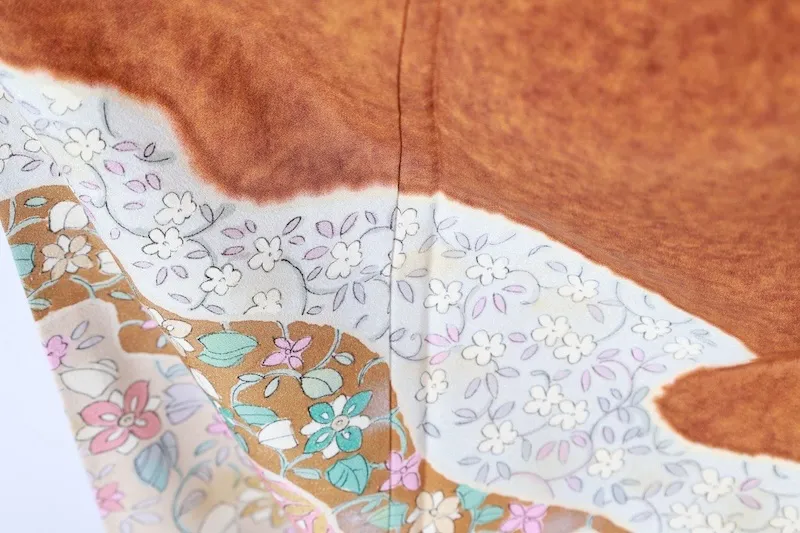 Visiting kimono used, brown, purple, coral, green, ink, gold, blue, floral pattern, hand-painted Kyoto Yuzen dyeing, B1410