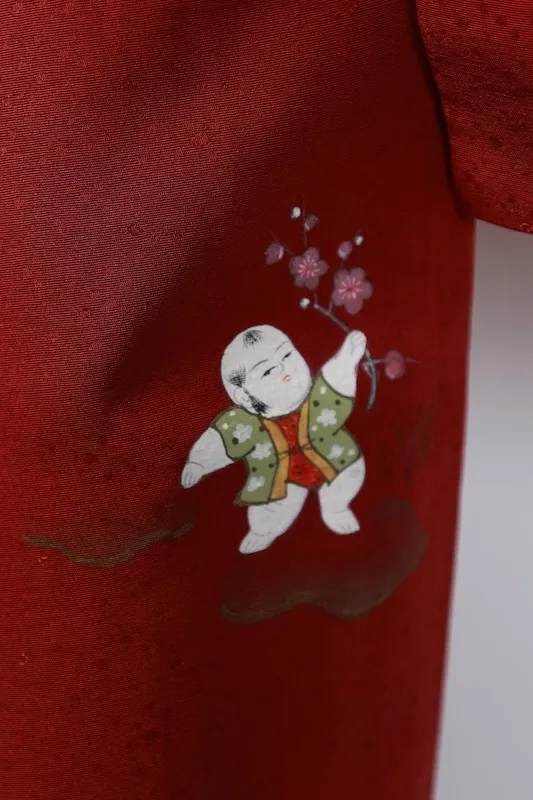 Japan used Haori Jacket – Dark Reddish-Brown, Gold, White, Green, Purple; Children Motif (T174)