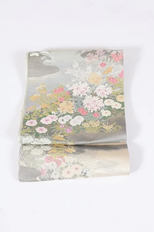 Fukuroobi shinpin mi shitate gōrudo shirubā midori murasaki sango-iro shiro Miyajima fūkei L 7 37 New, unstitched fukuro obi used ( sash). Gold, silver, green, purple, coral, white. Miyajima landscape design. L7
