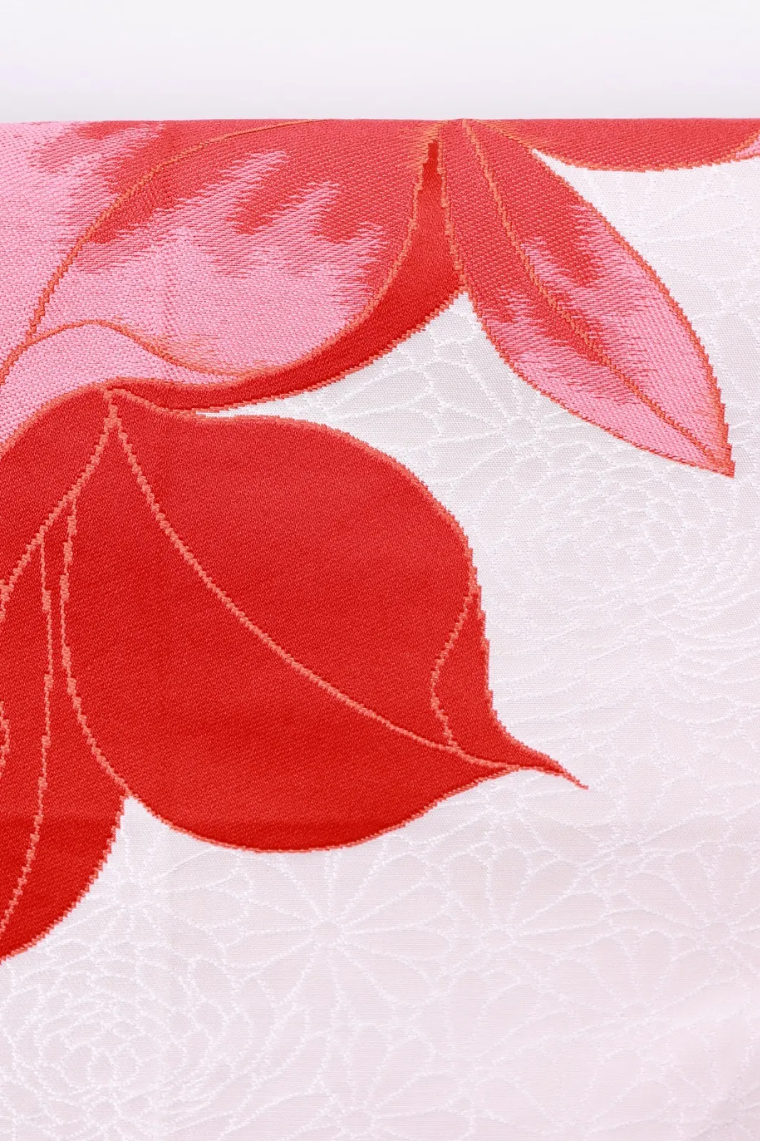 Nagoya Obi(used sash) – Off-white, Red, Silver – Orchids, Chrysanthemums – R116