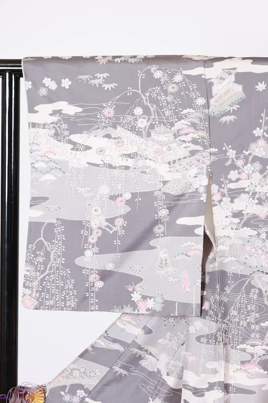 Oshima Tsumugi formal kimono used (houmongi) - shades of gray, black, purple, white, brown, green - Edo period landscape and floral pattern - L111