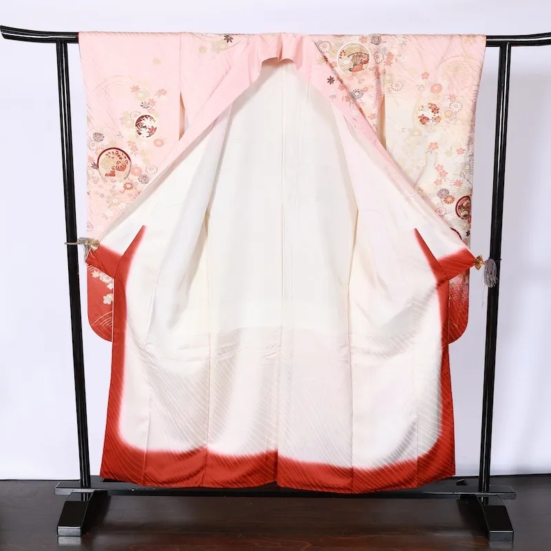 Furisode (long-sleeved kimono used) - Off-white, pink, gold, blue, white, red, purple, butterfly, flower, Kyo-Yuzen dyeing, K100