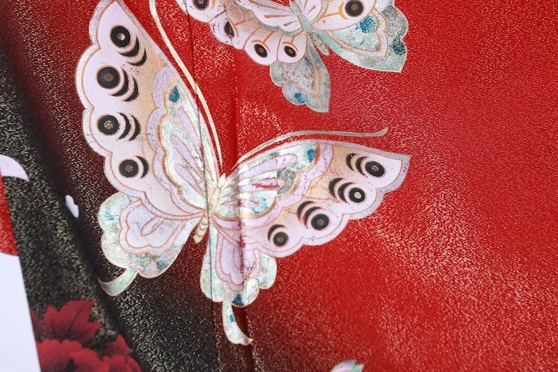 Furisode  (long-sleeved used kimono) with gold threads, red, black, blue, gold, silver, purple, light pink, butterfly design, size L59