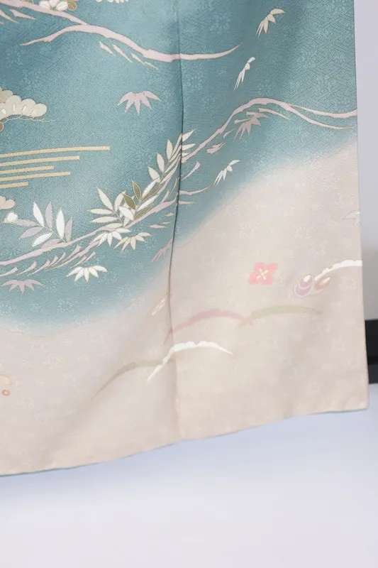 Formal used kimono (Houmongi) - Blue-gray, gold, coral red, purple, white, green, mandarin ducks, flowers, auspicious motifs, waves, Kyo-Yuzen dyeing, B1378