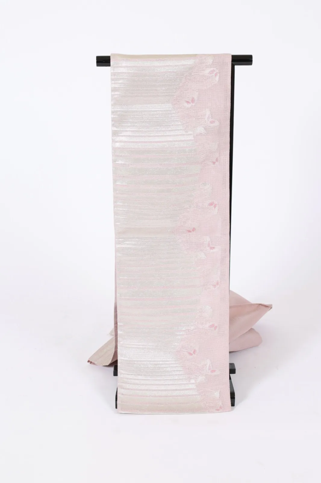 Summer obi (sash), brand new, unstitched, ro (high-grade silk), cherry blossom pink, silver, butterfly pattern, horizontal stripes, L18