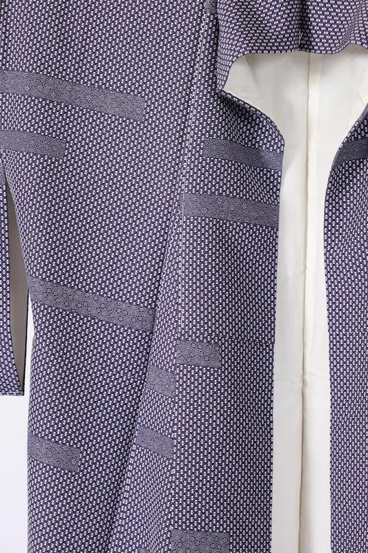 Edo Komon (traditional Japanese patterned used kimono fabric), brand new, unused, purple and white, floral pattern, horizontal stripes, B1377