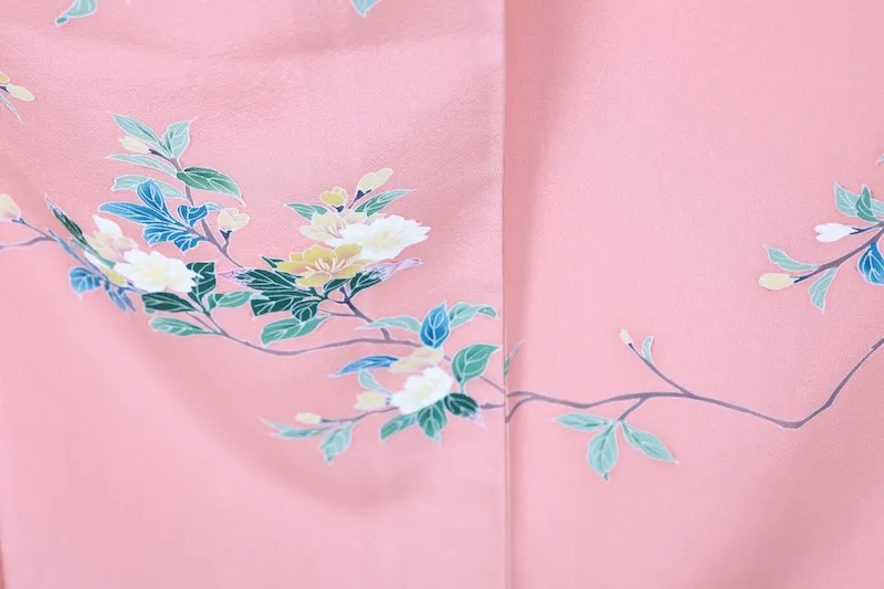 Visiting kimono used, coral pink, green, ochre, indigo, brown, white, purple, floral pattern, embroidered wisteria crest, hand-painted Kyoto Yuzen dyeing, artist's work, B1400