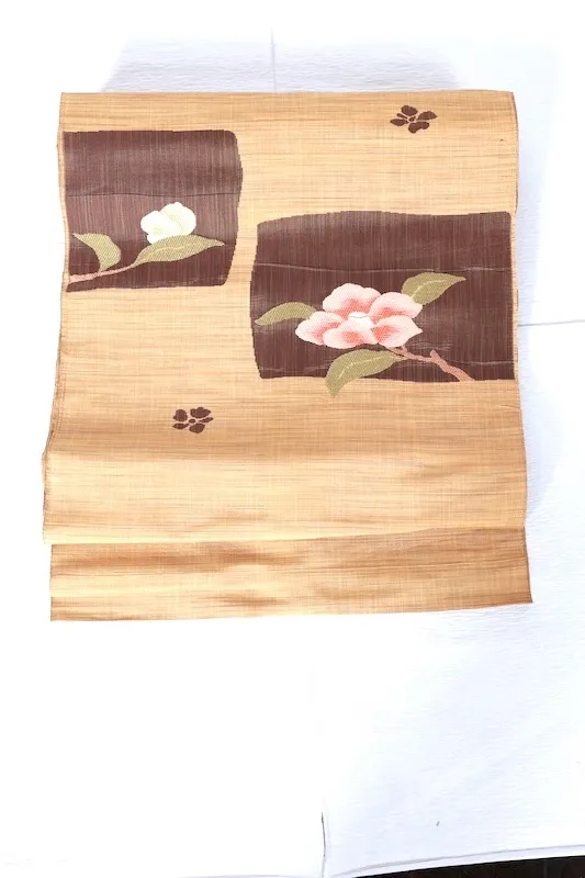 Nagoya Obi – Brand New, Untailored – Mustard, Brown, Green – Camellia (A410)