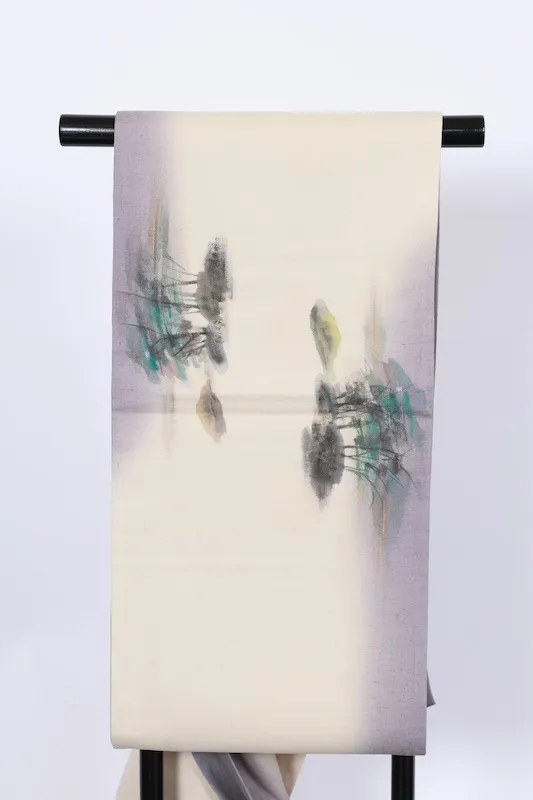 Fukuro Obi(used sash),  silk; off-white, pale purple, blue, sumi-ink black, gold, and green; hand-painted landscape design (B998)