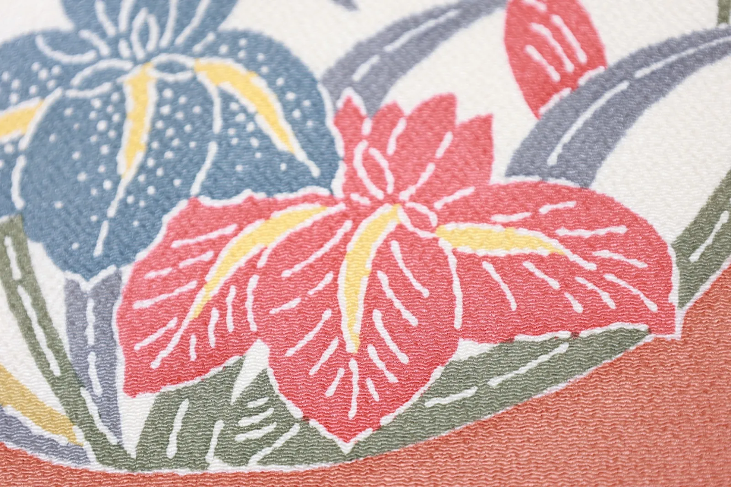 Nagoya Obi(used sash)– Bingata Style – Coral Pink, Gray, Red, Yellow, Blue, Off-White  (R128)