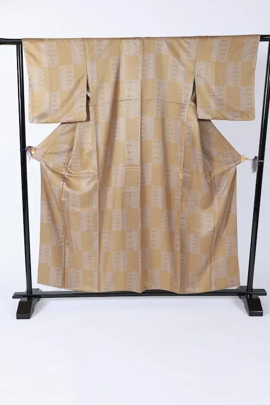 Komon (Japan kimono), brand new, unused. Mustard, blue, and gray stripes and checkered pattern. Printed Yuzen dyeing technique. B1379