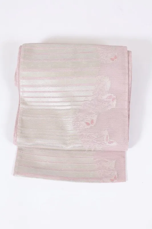 Summer obi (sash), brand new, unstitched, ro (high-grade silk), cherry blossom pink, silver, butterfly pattern, horizontal stripes, L18