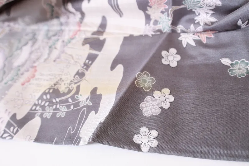 Oshima Tsumugi formal kimono used (houmongi) - shades of gray, black, purple, white, brown, green - Edo period landscape and floral pattern - L111