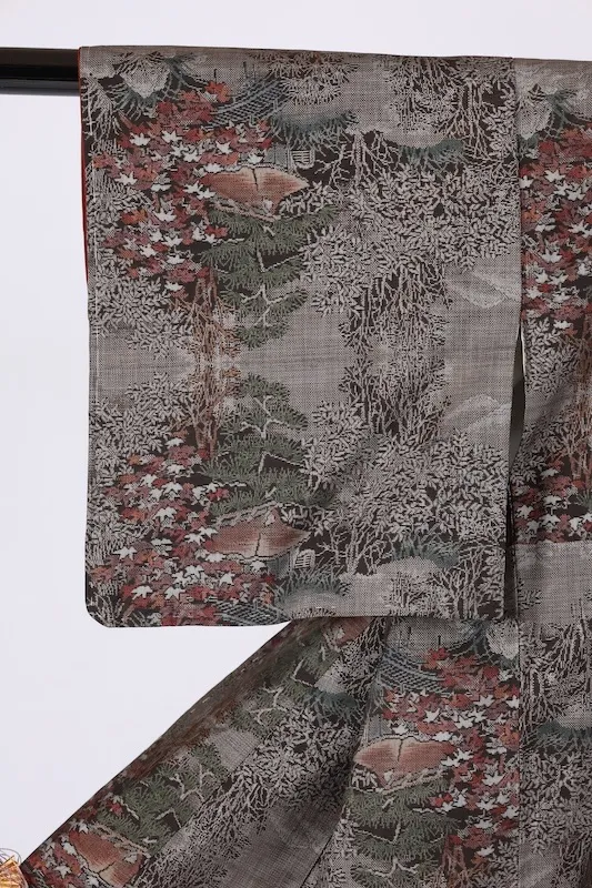 Oshima Tsumugi(Japan kimono) – Genuine Mud-Dyed & Botanical-Dyed – Brown, Indigo, Green, Red – 9-Maruki – Pastoral Landscape – G11