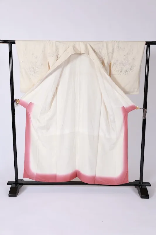 Silk pongee visiting kimono used, off-white, ink, light purple, light green, floral pattern, hand-painted, B1394