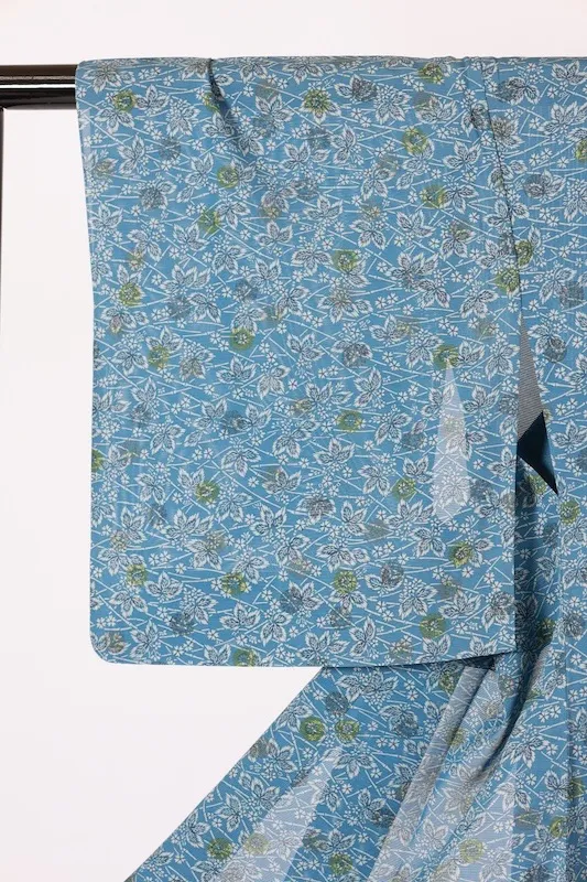 Japan Summer Komon (used kimono), ro (black), blue, green, white, small floral pattern, L64
