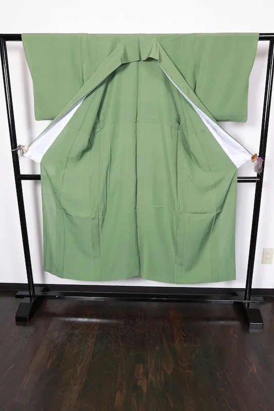 Summe used kimono, ro weave, mugwort green, single crest, Dakimiyoga, R21