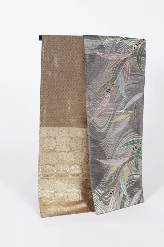 Fukuro Obi　used (formal sash) - Silver, Gold, Green, Black, Purple, Pink - Bamboo and Wave Pattern - Reversible - L10