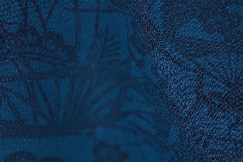 Komon(kimono), brand new and unused. Indigo shades. Features hand-dyed pine, bamboo, plum blossoms, fans, and wave patterns. B1478