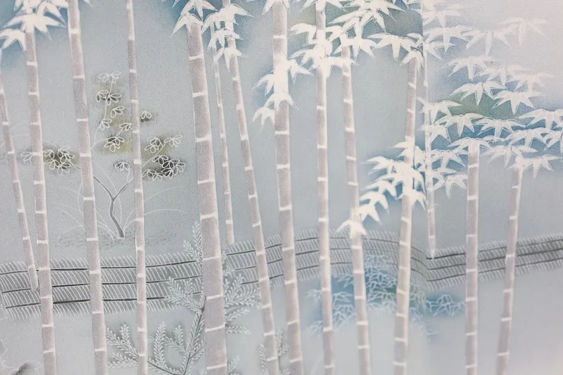 Visiting kimono used, off-white, gray, white, blue, green, silver, bamboo pattern, embroidery, B1426