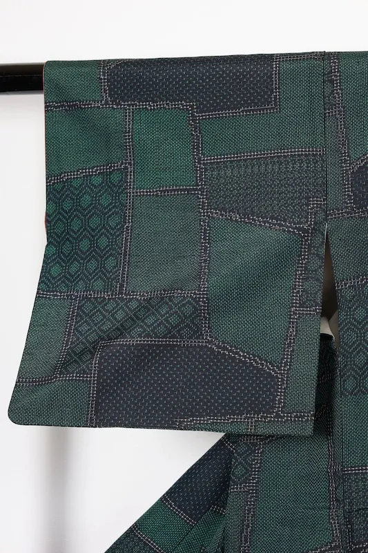 Tsumugi silk fabric, green, indigo, beige, geometric pattern, R168