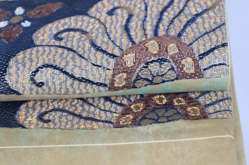 Neuer, ungenähter Fukuro-Obi (formeller Gürtel), Kanokoi-Muster, Gold, Braun, Silber, Blau, Tang-Blumenmotiv, Blattgold, L6