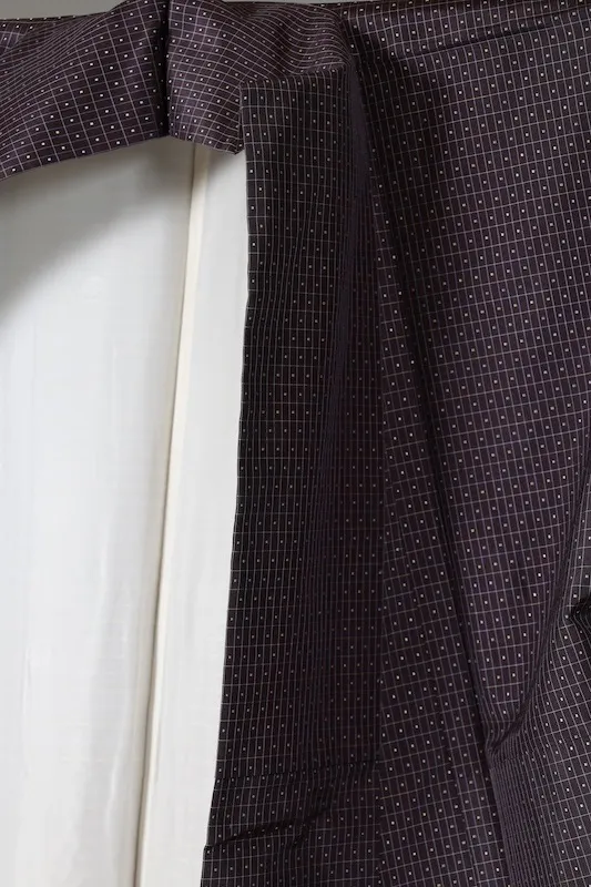 Oshima Tsumugi used silk fabric, purple, yellow, white checkered pattern, handwoven, L142