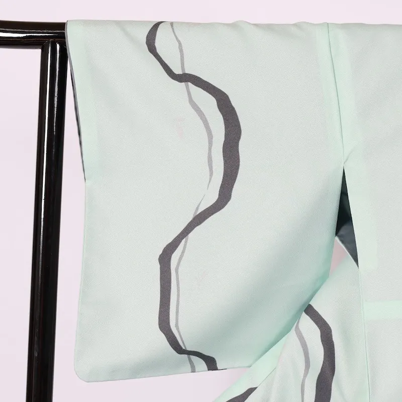 Japan used Kimono – Light Blue, Black, Gray, Pink – Wavy Stripe Pattern (Yoroke) – K125