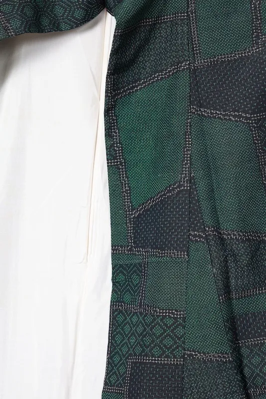 Tsumugi silk fabric, green, indigo, beige, geometric pattern, R168