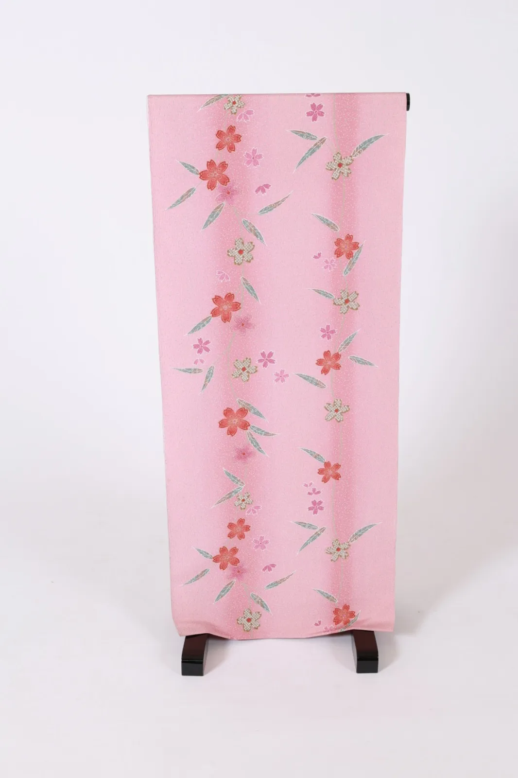 Komon fabric , brand new, unstitched. Pink, purple, moss green, gray, reddish-brown, gold, scattered cherry blossom petals. J34
