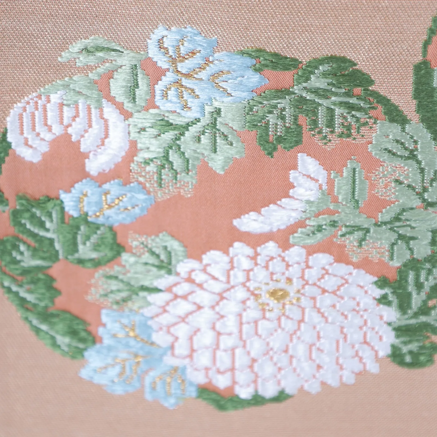 Fukuro Obi used(formal sash), Saga Nishiki, Karaori weave, Gold, Green, Blue-gray, Purple, Rust-red, White, V30