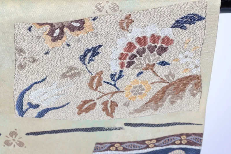 Neuer, ungenähter Fukuro-Obi (formeller Gürtel), Kanokoi-Muster, Gold, Braun, Silber, Blau, Tang-Blumenmotiv, Blattgold, L6