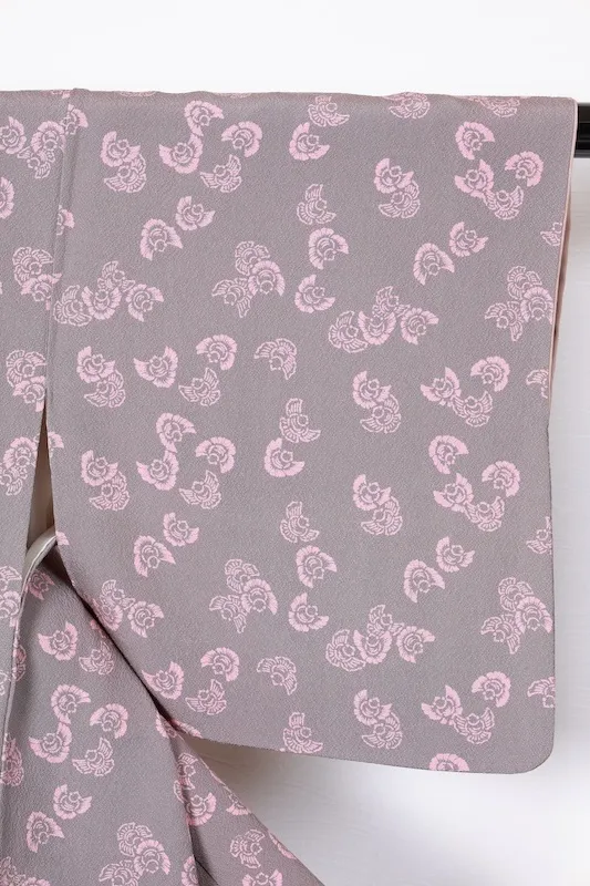 Komon (Japan used kimono silk crepe) by Tsujimura Jusaburo, gray with cherry blossom pink, featuring a swollen sparrow design, R163