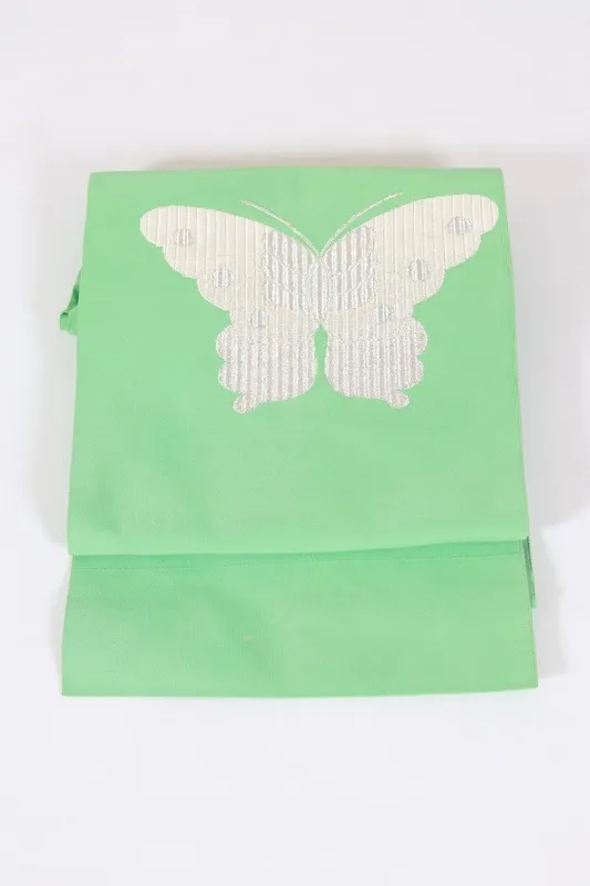 Nagoya obi used (sash), tapestry weave, peppermint green, silver, butterfly pattern, L33