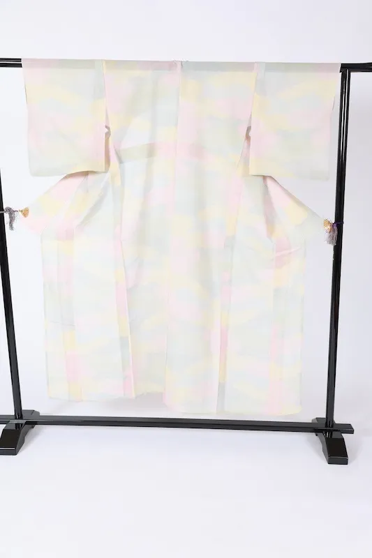 Japan used kimono Summer Tsumugi silk fabric, light blue, red, green, light yellow, cloud pattern, L55