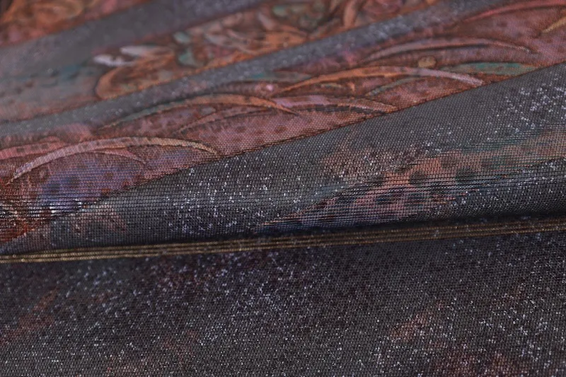Brand new, unused obi (sash). Purple, gray, purple, green. Burnt foil, floral pattern, gold-embossed leather. L26