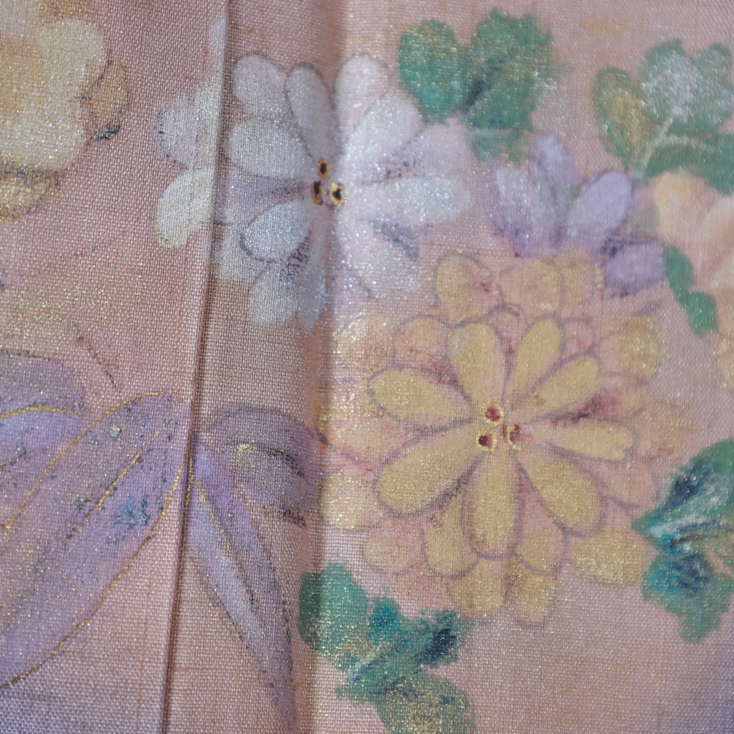 Silk pongee visiting kimono used, purple, indigo, gold, silver, green, auspicious motifs: cherry blossoms, plum blossoms, bamboo, chrysanthemums, V15