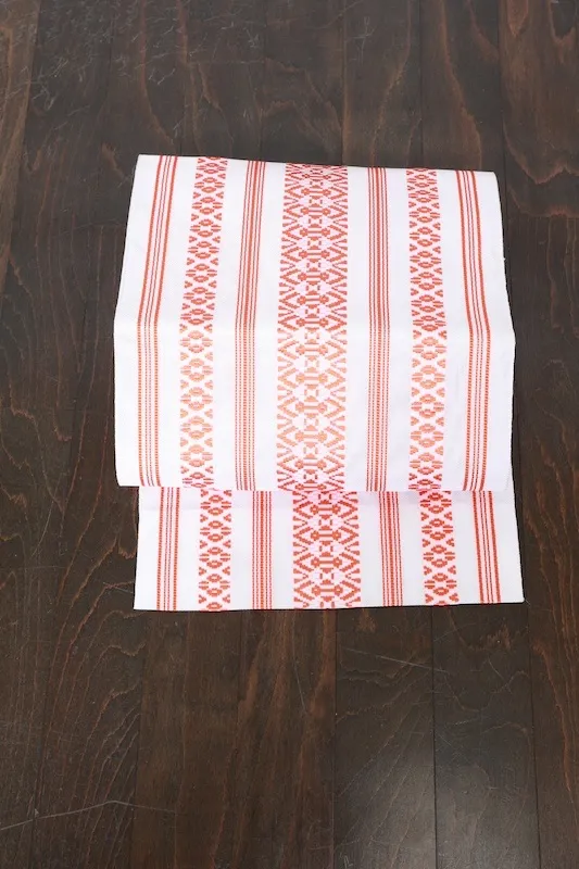 Summer Nagoya obi, Hakata style, Kenjo pattern, sheer fabric, white and orange, R41