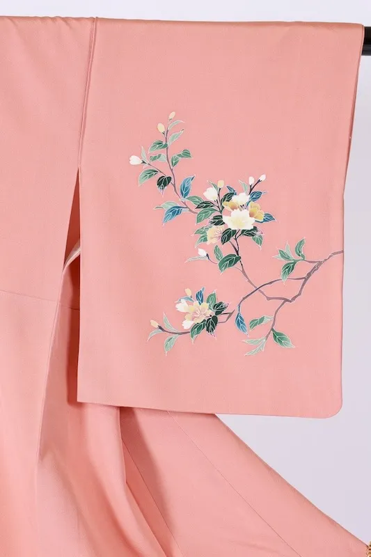 Visiting kimono used, coral pink, green, ochre, indigo, brown, white, purple, floral pattern, embroidered wisteria crest, hand-painted Kyoto Yuzen dyeing, artist's work, B1400