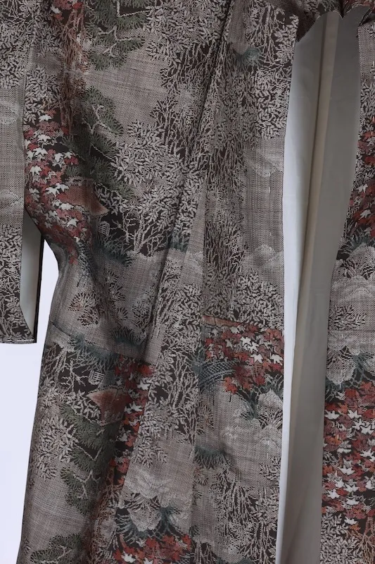 Oshima Tsumugi(Japan kimono) – Genuine Mud-Dyed & Botanical-Dyed – Brown, Indigo, Green, Red – 9-Maruki – Pastoral Landscape – G11
