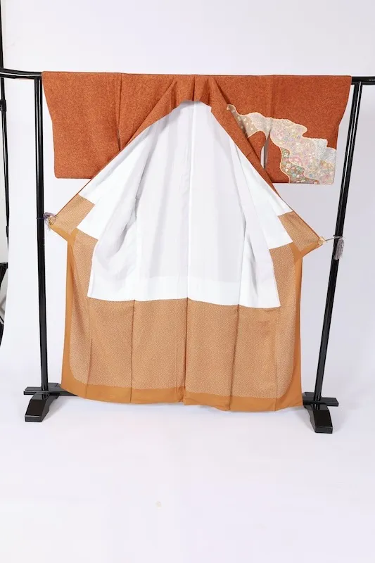 Visiting kimono used, brown, purple, coral, green, ink, gold, blue, floral pattern, hand-painted Kyoto Yuzen dyeing, B1410