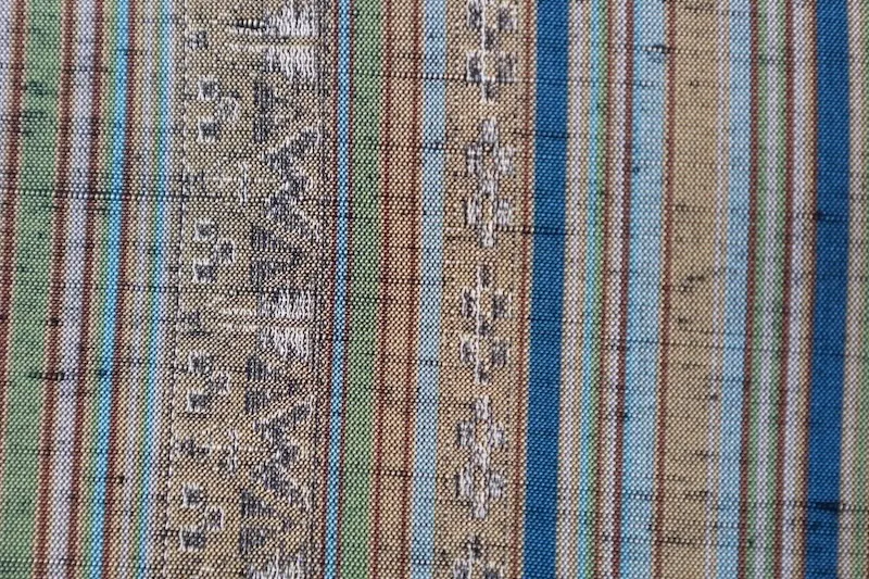 Tsumugi silk(Japan used kimono), Hakata weave, vertical stripe pattern, shades of green, indigo, brown, yellow, irregular stripes, R166