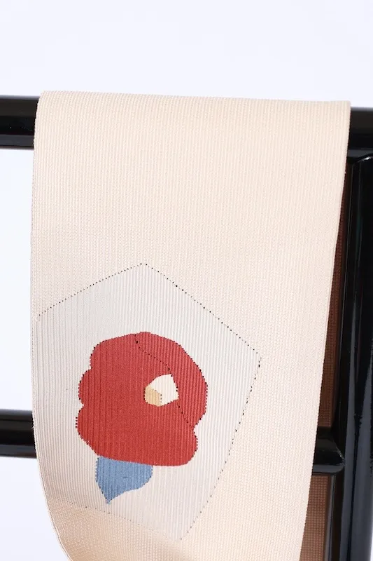 Nagoya obi used (sash) - Beige, brown, green, blue, red, camellia pattern, L53